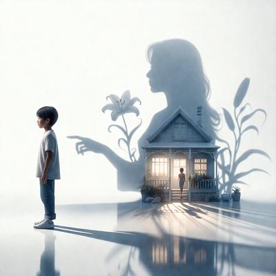 The primary subject of the image is a woman, who is depicted as a shadow figure, pointing at a boy. The setting is a house, which is visible in the background. The visual style of the image is digital art, as it appears to be a drawing or illustration. The colors in the image are predominantly white, which gives it a clean and minimalist appearance. The overall atmosphere of the image is calm and focused on the interaction between the woman and the boy.